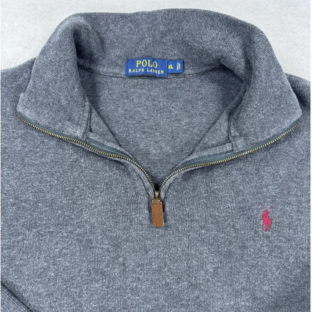 Polo Ralph Lauren Mens XL Quarter Zip Sweater Grey Red Pony Logo Pullover‎